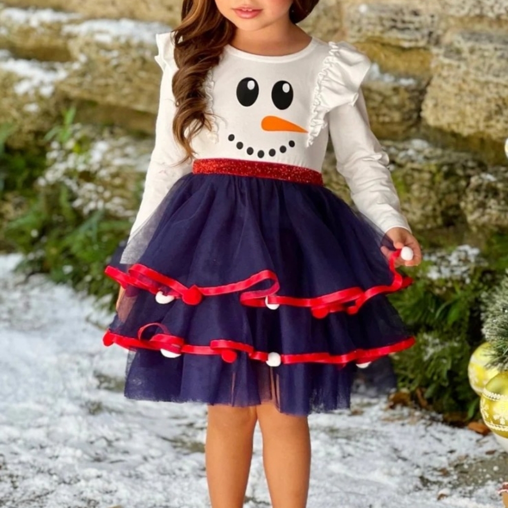 Mia Belle frosty snowman rufflr tutu pom pom dress